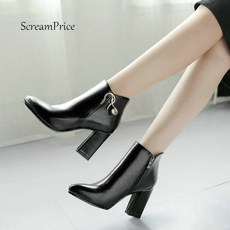 

Women Fashion Crystal With Side Zipper Ankle Boots Comfortable Square Heel Winter Shoes Black Gray Green