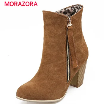 

MORAZORA 2018 new fashion zip ankle boots for women autumn winter short plush boots round toe high heel knight boots size 34-43