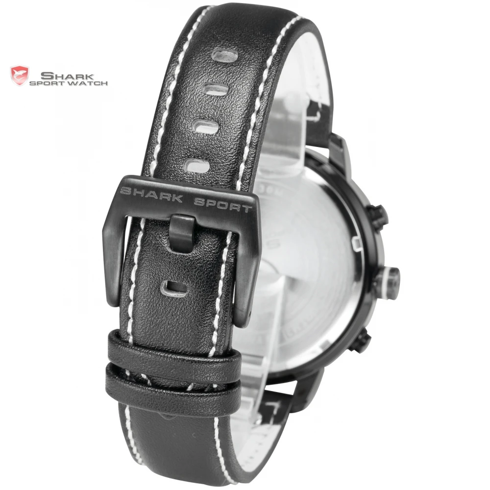 Новые акулы мужчины часы хронограф из натуральной кожи черный ремешок белый аналоговый дисплей полный стали восхождение спорт кварцевые часы / SH400