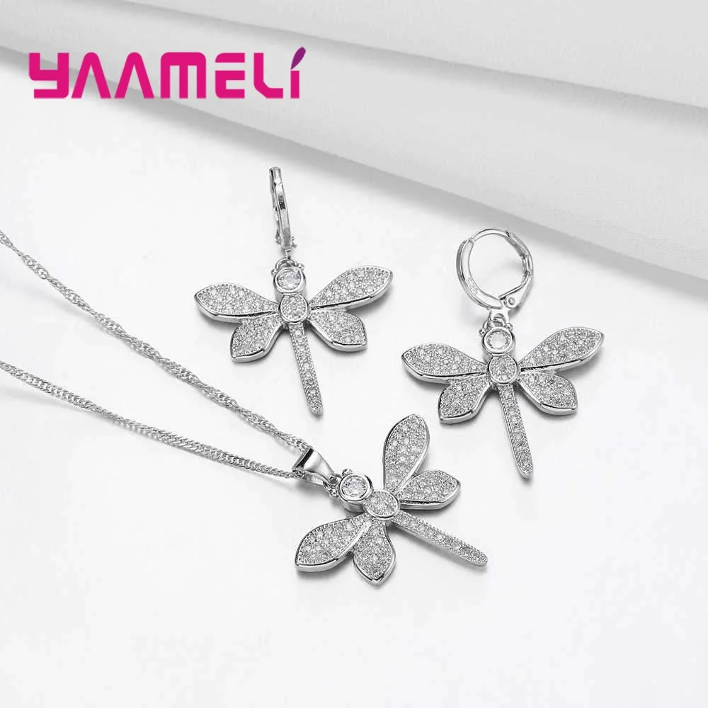 YAAMEL, новая мода, стрекоза, форма, 925 пробы, серебро, ожерелье, серьги, набор, милые, для женщин, девушек, вечерние ювелирные изделия, кубический цирконий
