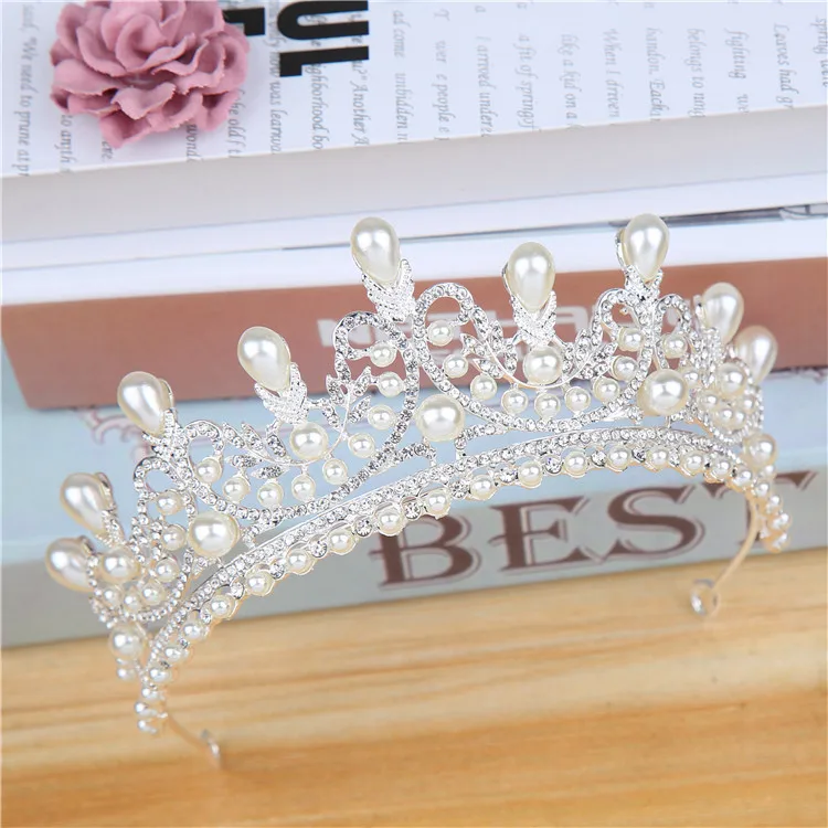 Faux Pearl Wedding Bridal Tiara Crown Little Girls Princess Crystal Rhinestones Exquisite Headband Birthday Tiaras, Silver (1)