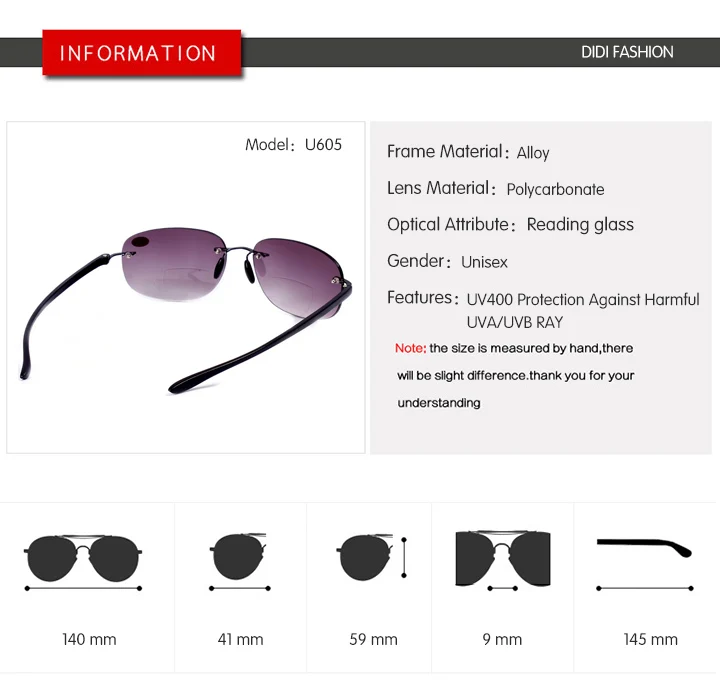 DIDI, бифокальные Солнцезащитные очки для чтения, для дальнозоркости, мужские очки без оправы, лупа, оправа, очки для вождения, диоптрий, от 100 до 350 Oculos U605