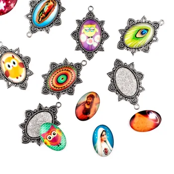 

10Sets Tibetan Style Alloy Big Pendant Cabochon Settings Accessory, with Glass Oval Cabochons, Mixed Color, 52x38x2mm, Hole: 3mm