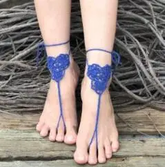 1 Pairs Trendy Handmade Crochet Barefoot Sandals Beach Yoga Anklet Jewelry Geometric Pattern Bridal Wedding Anklet Accessories - Color: blue