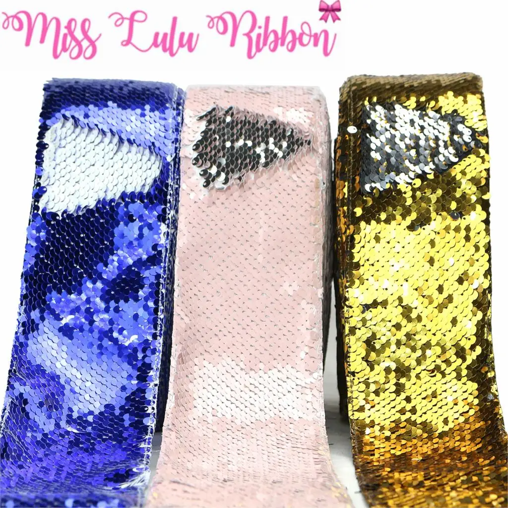 3"75mm Double Color Reversible Sequin Ribbon Blue Pink Gold Silver