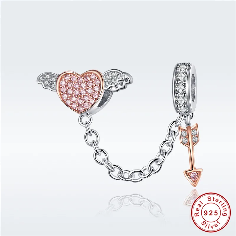 

fit Pandora Bracelet Original 925 Sterling Silver Rose Gold Love of God Heart Safety Chain S925 Cute White CZ Wing Arrow Charms