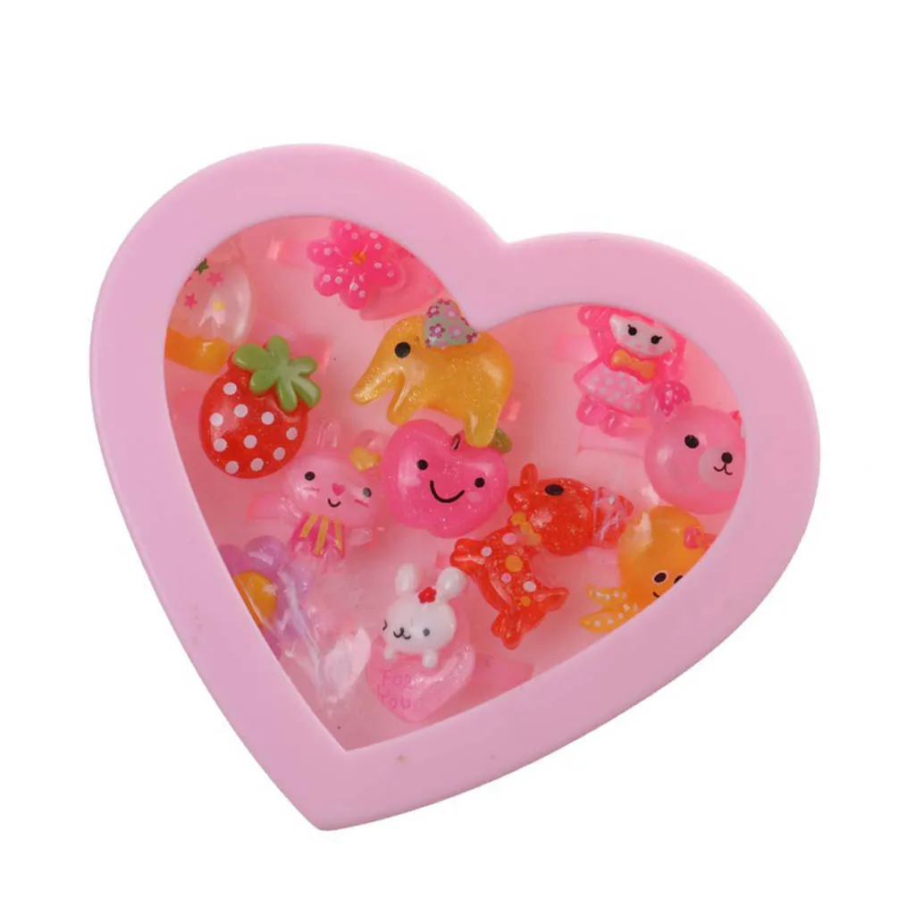 

12 pcs Cute Resin Rings in Heart Shaped Pink Box Girls Gift Party Bag