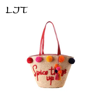 

LJT Women Bucket Bag Handmade Embroidered Letters Shoulder Straw Bag Colorful Fur Ball Fashion Handbags Female Weave Beach Bag