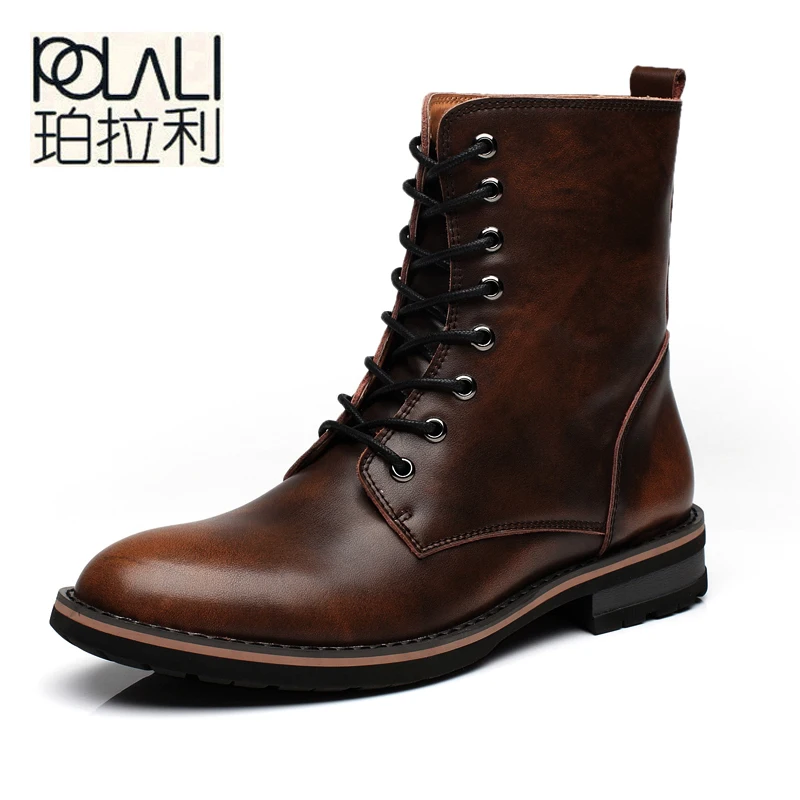 

POALI Men Motorcycle Boots Vintage Combat Boot Winter Fur 2019 New Cow Split Leather Waterproof Buckle Military Boots Men Shoes