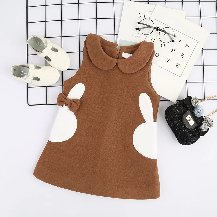 Baby Girls Dress Adorable Bunny Printed Woolen Vest Dress Toddler Kid Winter Sleeveless Bottoming Thicken Woolen Dress Out Wear - Цвет: brown