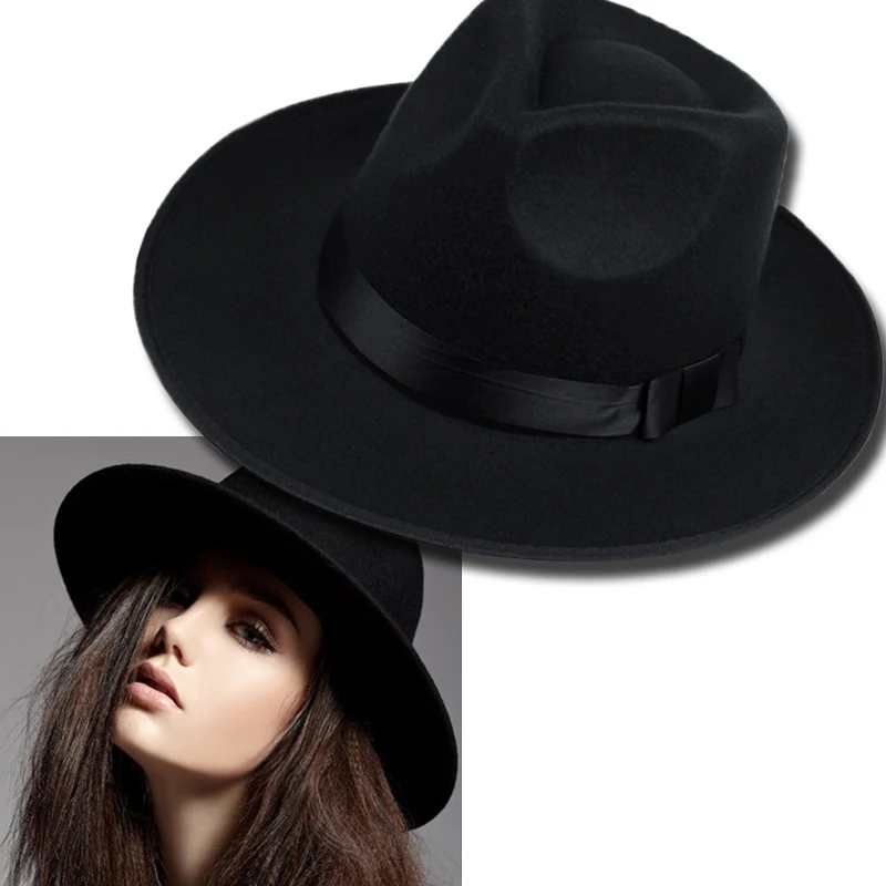 Винтаж Для женщин шапки широкими полями шляпа черная лента теплая шерсть смесь фетровая шляпа Для женщин s шапки широкими полями D0451