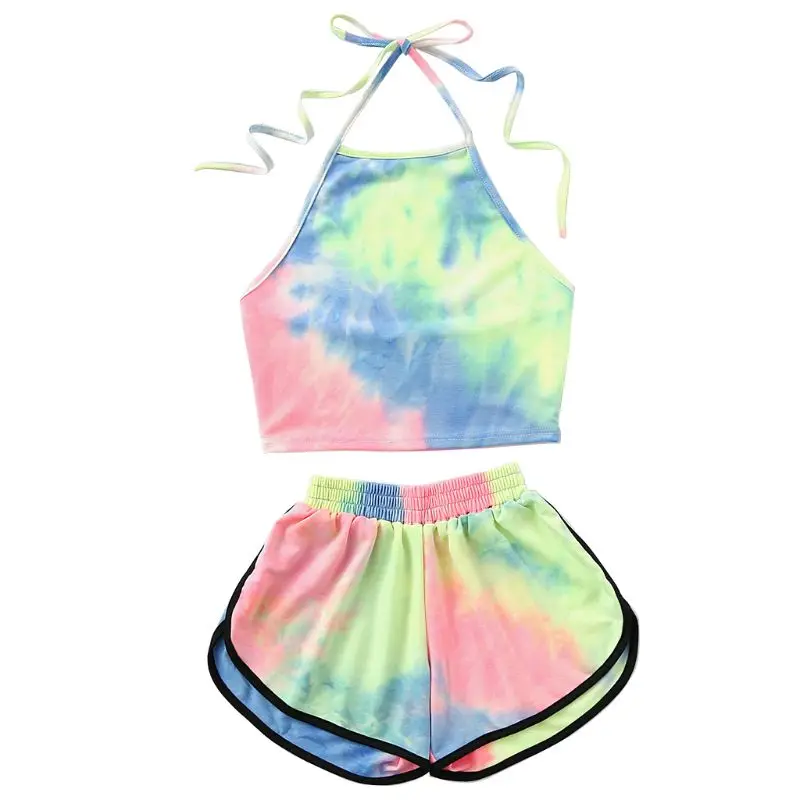 

Womens Sexy Summer Two Piece Set Tie-Dye Gradient Colored Printed Halter Backless Crop Top Wide Leg Shorts Pants Suit bra