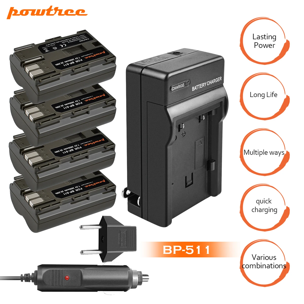 

4Packs 7.2V 2800mAh BP-511A BP511 Li-ion Battery +Battery Charger+Car charger For Canon EOS 5D 50D 40D 20D 30D 10D D60 300D L10
