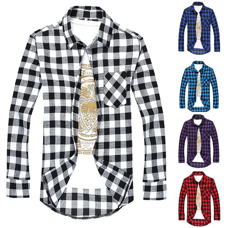 

HEFLASHOR Mens spring autum plaid shirt long sleeve Cotton Dress Shirts Male High Quality button Checkered tops Chemise Homme
