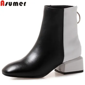 

ASUMER 2020 fashion ankle boots for women square toe zip genuine leather boots med heels ladies boots mixed colors big size