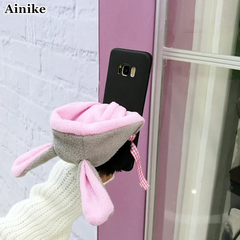 

Ainike Cute Warm Fur Ball Rabbit Hat Phone Case For Samsung Galaxy A80 M10 S10 5G J3 J710 J520 J4 J2Prime Ainimal Ear Soft TPU