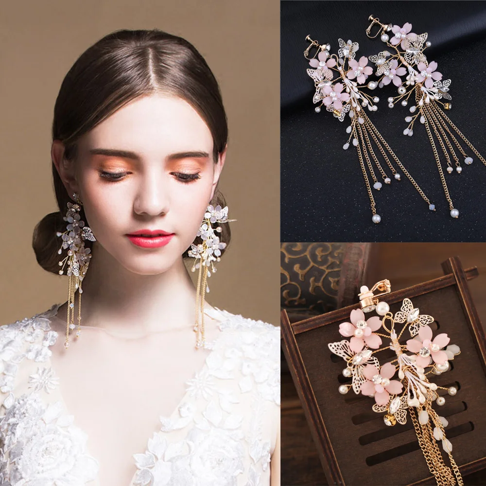 Romantic Pink Flower Dangle Tassel Bridal Earrings Women Vintage