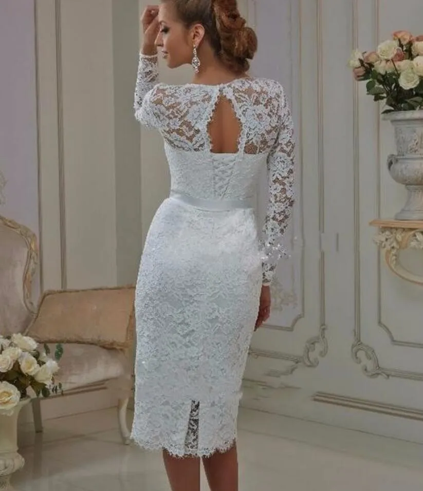 Vintage Lace Tea Length Short Wedding Dresses 2017 With Long Sleeves Vintage Lace Tea Length Short Wedding Dresses 2017 With Long Sleeves Sheath Jewel Neck Casual Reception Bridal Gowns New Real In From