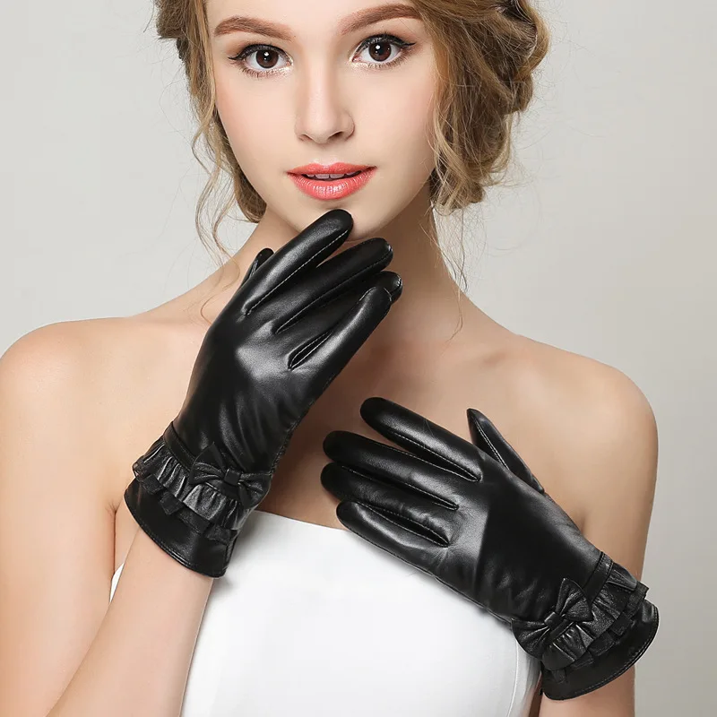 Genuine Leather Gloves Women Winter Sheepskin Lace Bowknot Plus Velvet ...