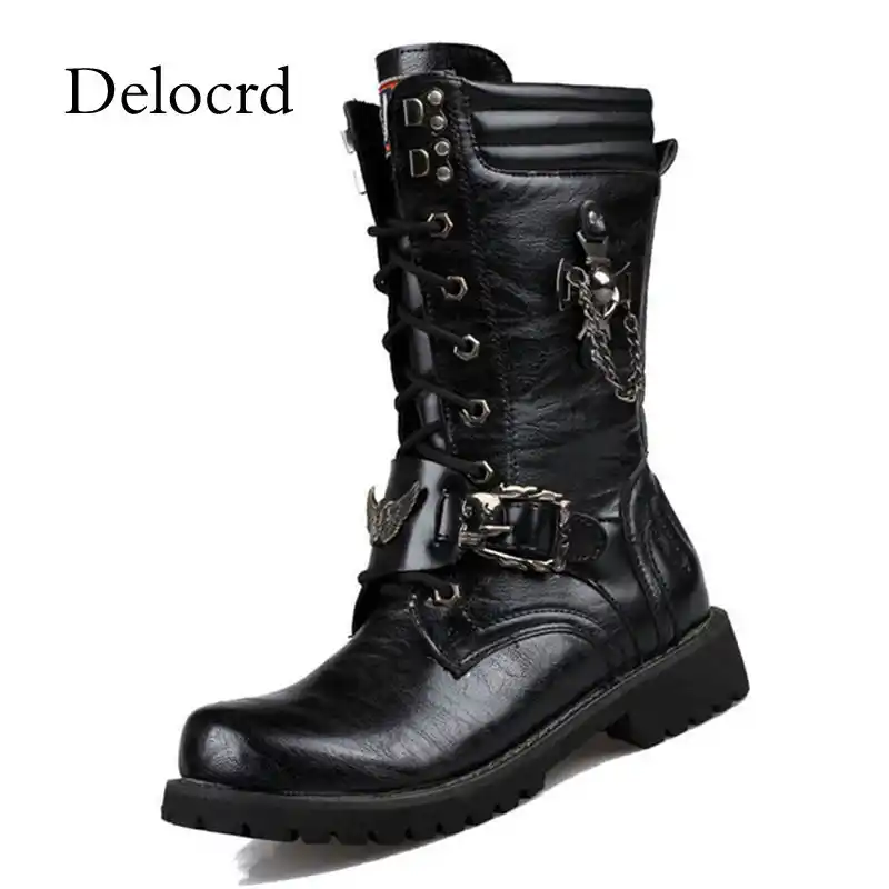 Punk Style Military Combat Mens Boots Skull Metal Lace Up