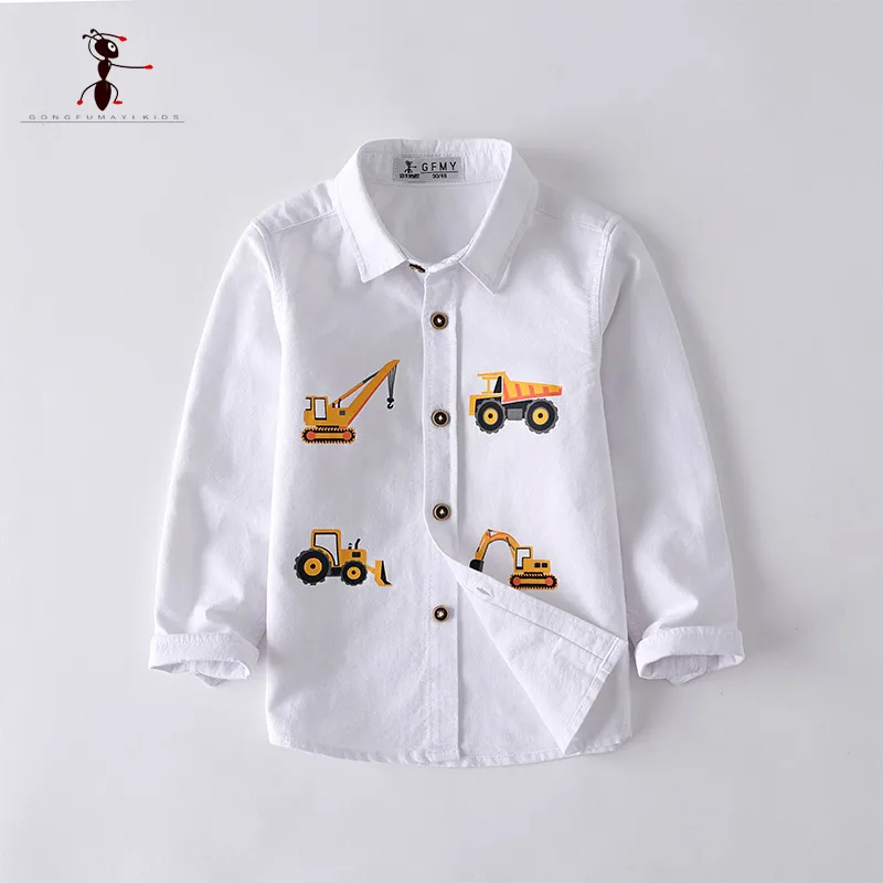 Kung Fu Ant/повседневные рубашки для мальчиков белые хлопковые рубашки из ткани Оксфорд детская одежда с карманами и отложным воротником принт с автомобилем - Цвет: white