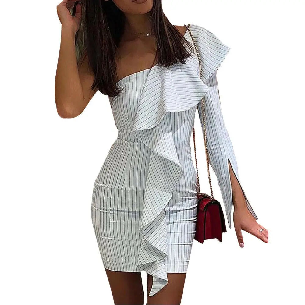 

Women Holiday Ruffled Sleeve Ladies Summer Beach Mini Swing Sun Dress Tops One Shoulder Gown Dresses Gown