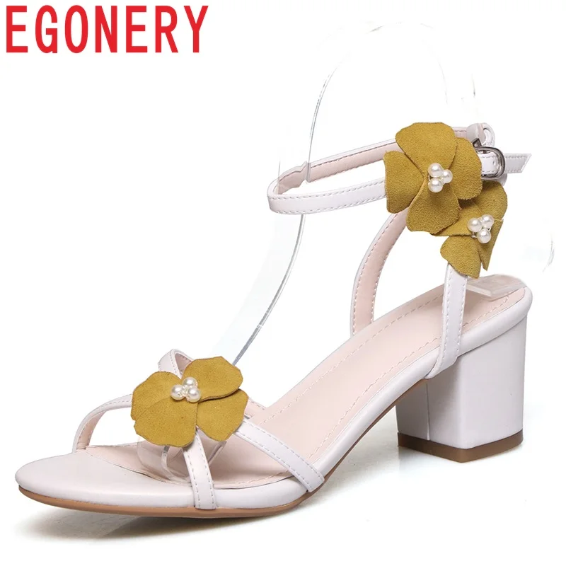 

EGONERY Kid Suede Leather woman sandals summer Beach Roman style party Cross-Strap med heels shoes Fashion red flower pearl