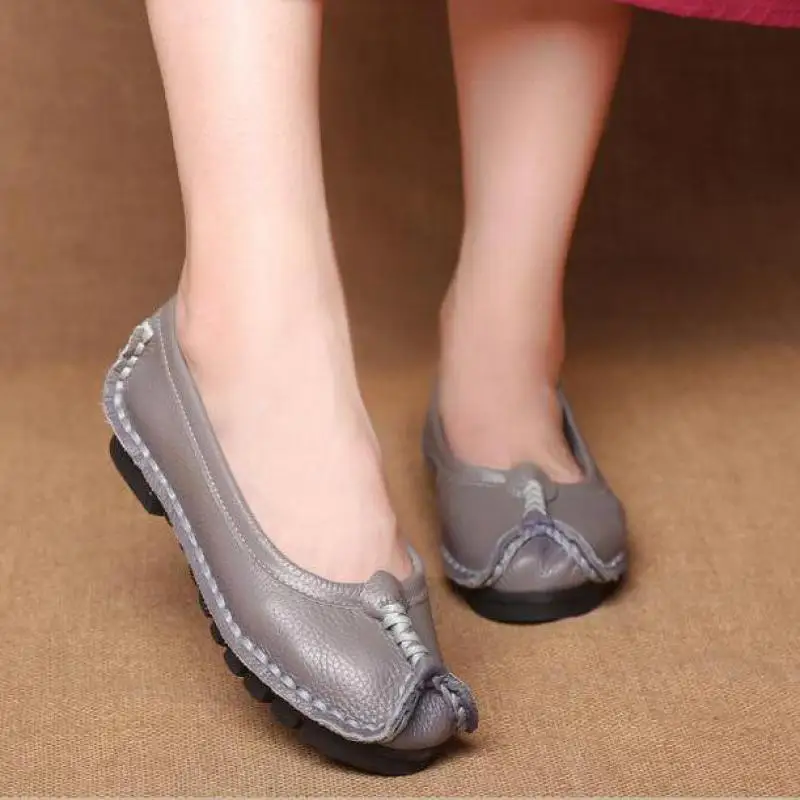 Johnature Genuine Leather Ladies Shoes Slip-on Round Toe Casual New Autumn Retro Shallow Sewing Handmade Women Shoes Pumps
