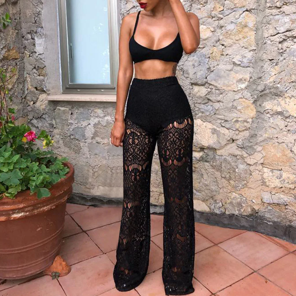 Pants Women Lace See Through Long Black Pants Summer High Waist Wide Leg Pants Women Streetwear modis Trousers pantalon femme