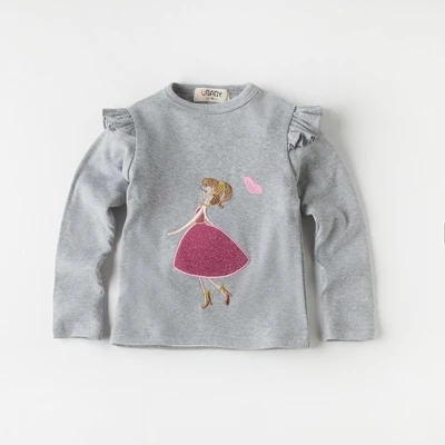 Детская милая розовая футболка с длинными рукавами для девочек; сезон осень-весна Детская рубашка с вышивкой для девочек - Цвет: grey