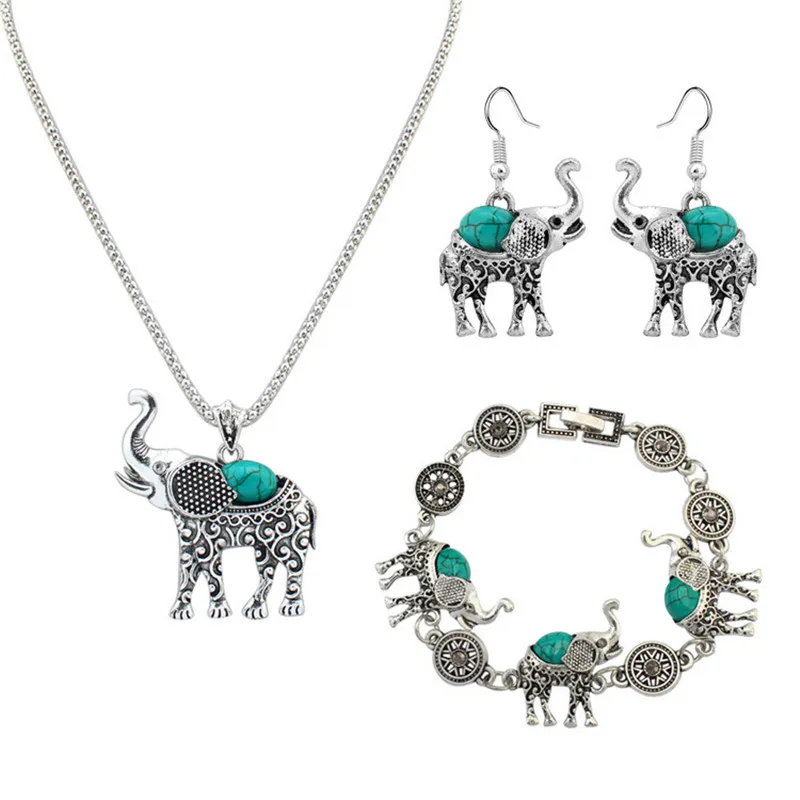 

Creative Fashion Elephant Alloy Jewelry Set Necklace/Bracelet/Earrings Set Retro Personality Imitation JAQ002