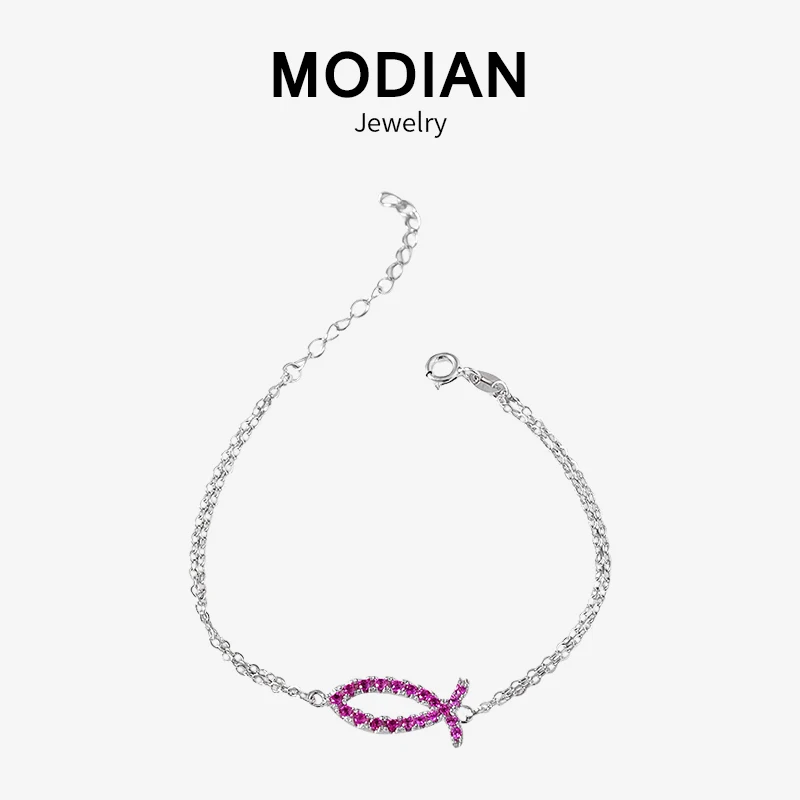 

Modian 100% 925 Sterling Silver Clear Cubic Zirconia Pink Fish Fashion Bracelet For Women Charm Jewelry Valentine's Day Gift
