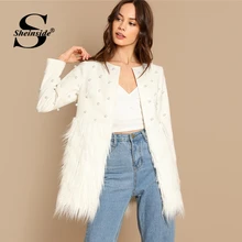 Sheinside Белый Жемчуг Украшенные пальто Для женщин осенняя куртка элегантная женская верхняя одежда 2018 Для женщин s Модный пэчворк пальто из искусственного меха