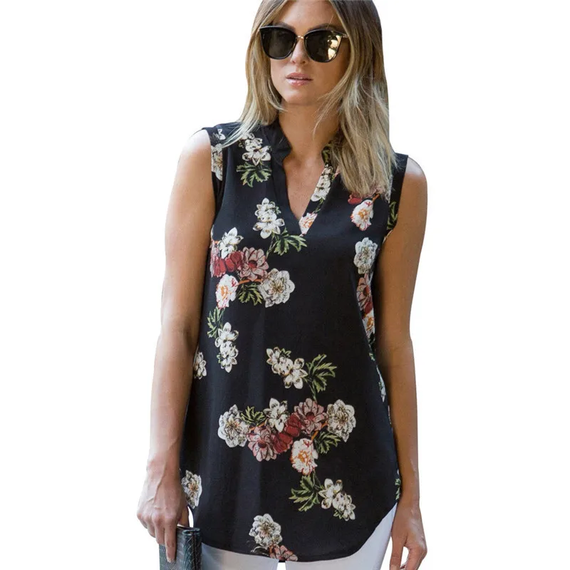 

New Women Summer Floral Print Chiffon Blouse Sexy Sleeveless V-Neck Tops Casual Loose Tops Vintage Streetwear Tunic Blusas Mujer