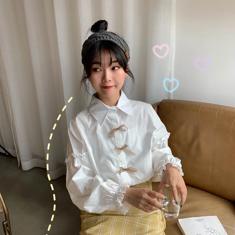 

Japan Vintage Casual Bow Ribbon Shirt Clothing Women's Shirts Girl Kawaii Retro Student Punk Harajuku Tunic For Women Top