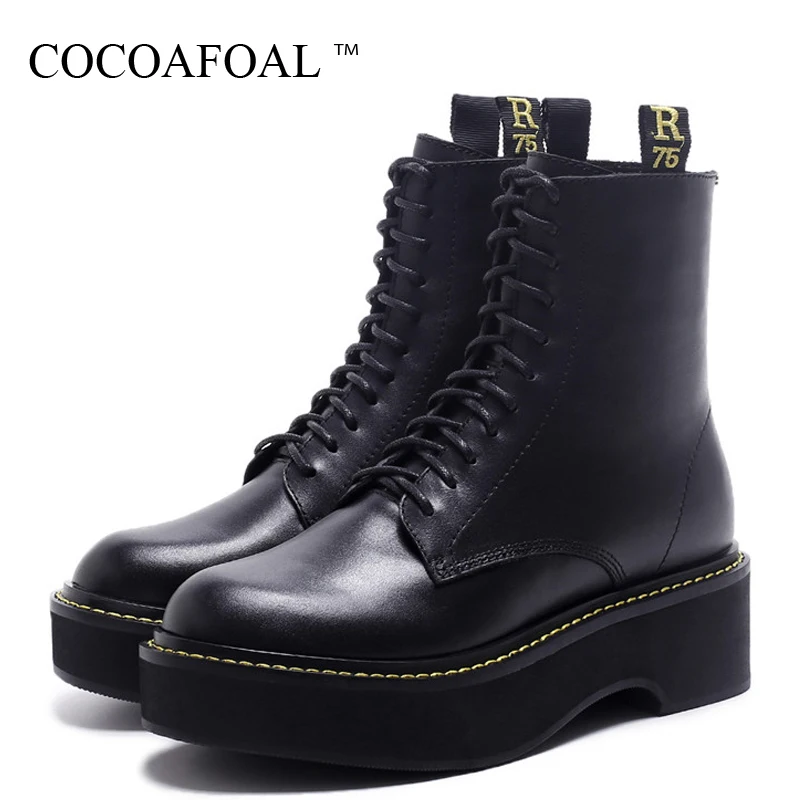 

COCOAFOAL Women's Platform Ankle Boots Woman Genuine Leather Martin Boots Autumn Winter Gothic Shoes Lace Up Motorcycle Boots