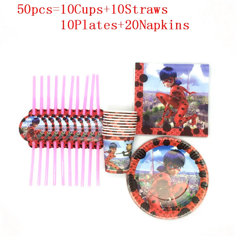 

50Pcs/80pcs Disposable Cup Plate Flexible Straws Print Ladybug Girl Baby Shower Kid Birthday Straws Napkin Decoration Supply