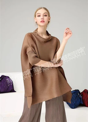 Miyake fold стоячий воротник три четверти рукав летучая мышь Свободная футболка - Цвет: Хаки