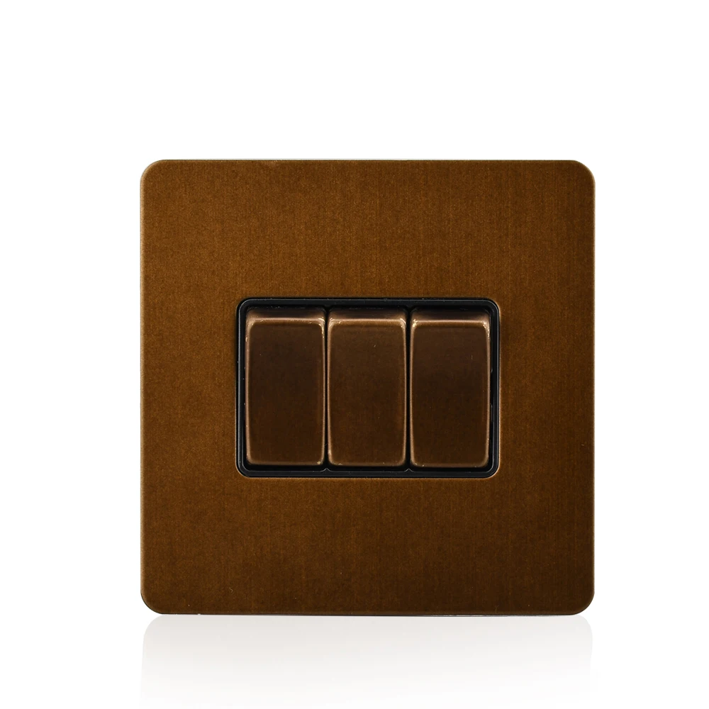 

Cognag Light Switch 3 Gang 1 Way Push Button New Arrival Luxury stainless Panel With Brown Border Wall Switch 10A AC110-250V