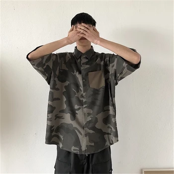 

Men's Vintage Camouflage Cotton Half Sleeve Shirt American Casual Personality Contrast Trendy Loose Half Sleeve Tooling Shirt