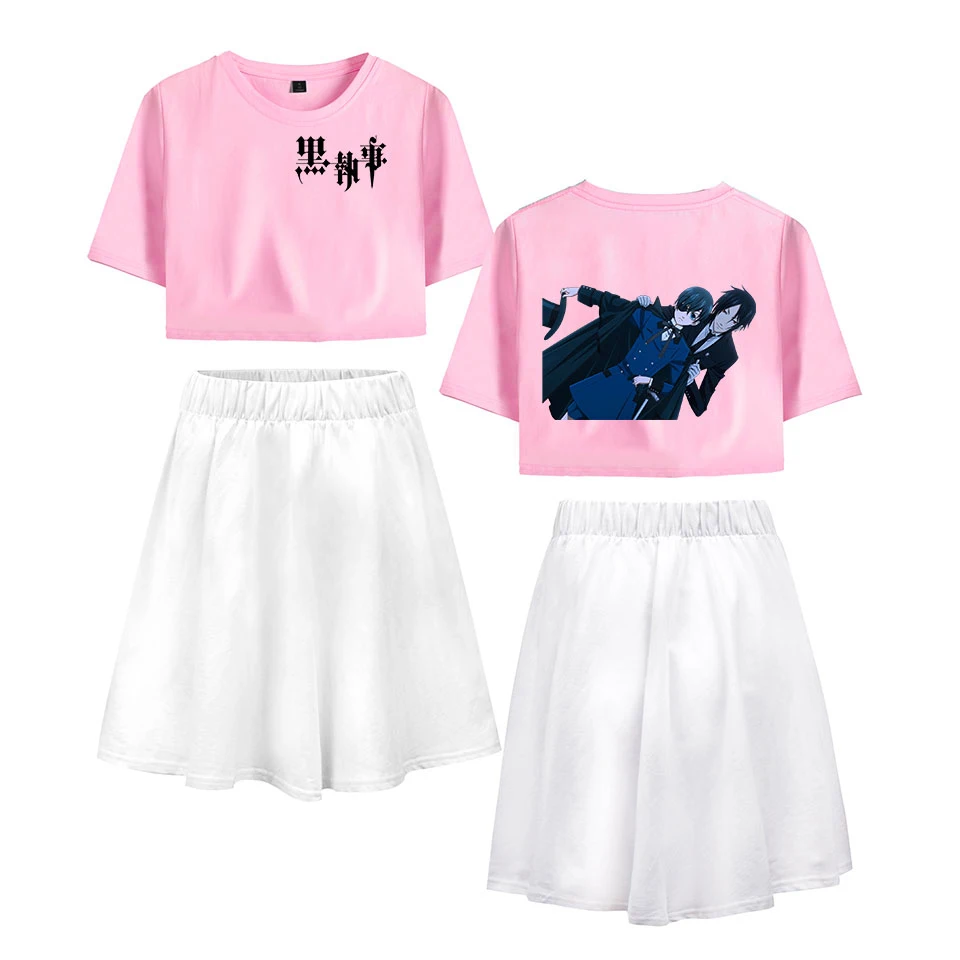 Черный Дворецкий женский летний комплект из двух предметов со штанами футболка с пупком 3D Аниме печатная юбка спортивный костюм комплект подходящих комплектов