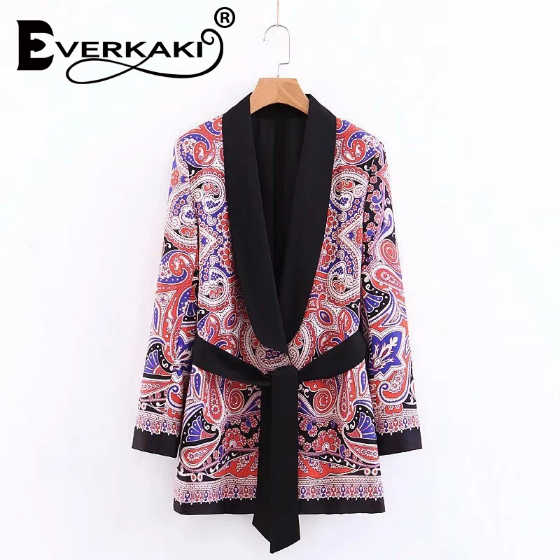 

Everkaki retro placement print women sashes suit coat Bohemian lady long sleeve jacket Boho outerwear Coats 2019 Autumn Winter