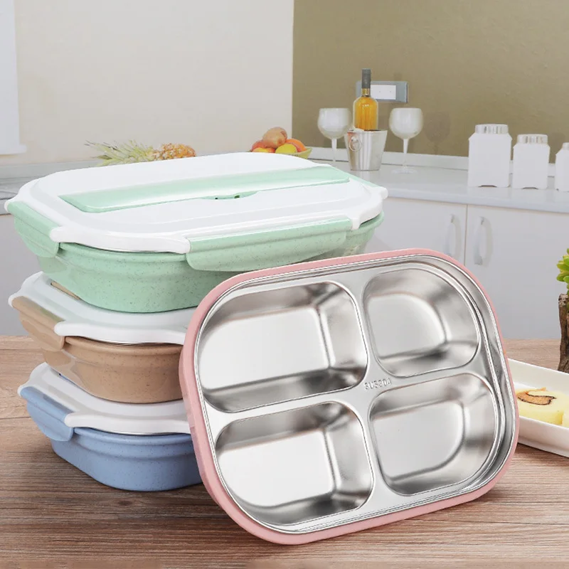 Baby Food Storage Straw Steel Lunch Box 4 Grid Children Feeding Training Container Dinnerware Set Eco-Friendly Food Lid BB5083 (1)
