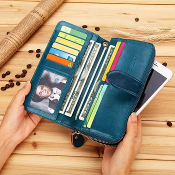 

Women Real Leather Wallet Female Long Genuine Leather Clutch Purse Lady Handy Cellphone Bag Coin Wallet Women Card Holder Purse