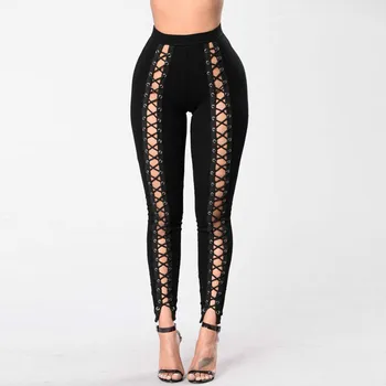 

Black Hollow Out Leggings Women 2019 Autumn Winter Full Length Pencil Pants Sexy Fitness Lace Up Bodycon Legging