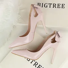 New summer Spring Elegant Pumps Sexy High-heeled Shoes Bow Patant Leather Thin High Heels Shallow Pointed Hollow Shoes G3168-8