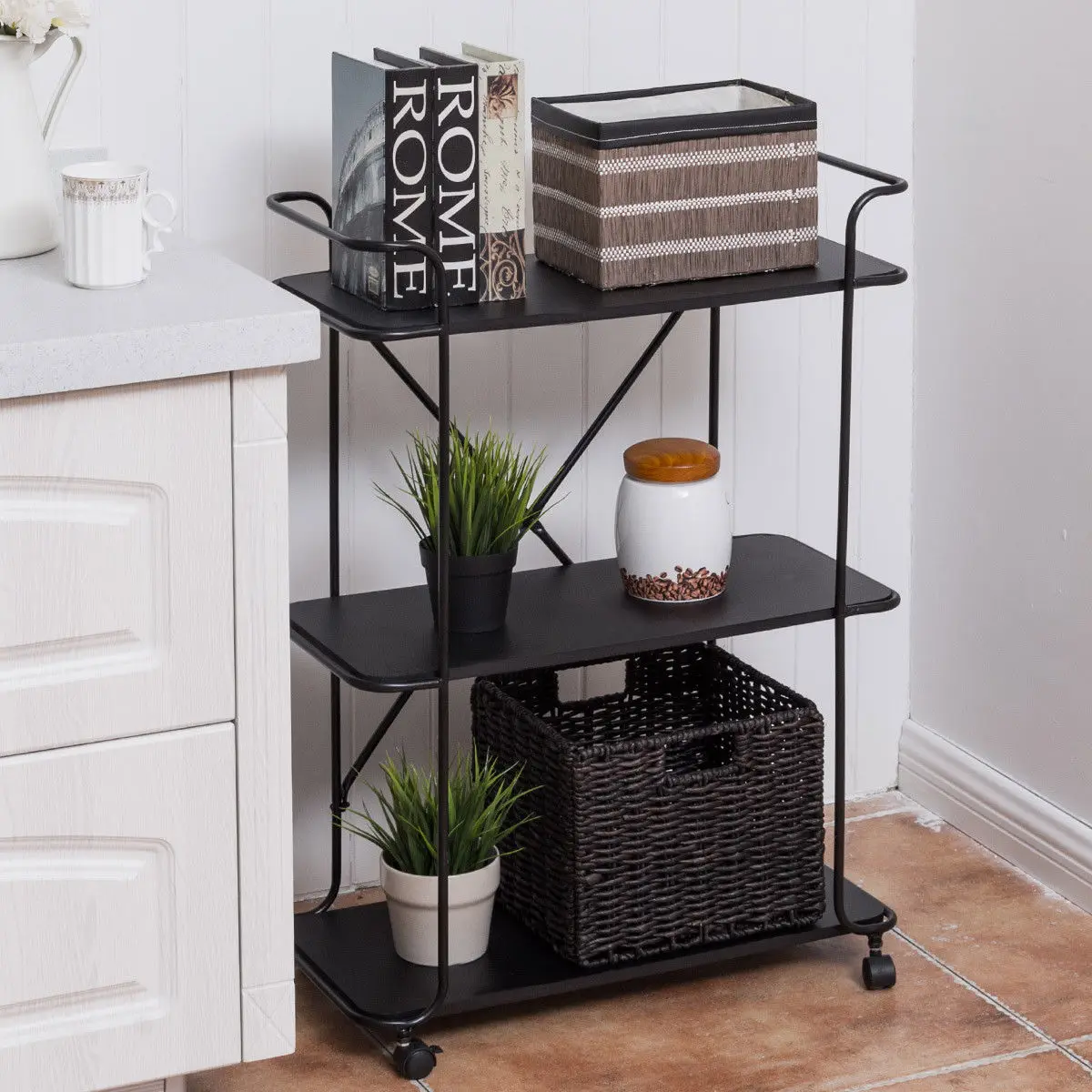 Giantex 3 Tier Metal Portable Rolling Cart Storage Rack Living Room Bookshelf Display Utility Organizer HW56050BK Giantex 3 Tier Metal Portable Rolling Cart Storage Rack Living Room Bookshelf Display Utility Organizer HW56050BK