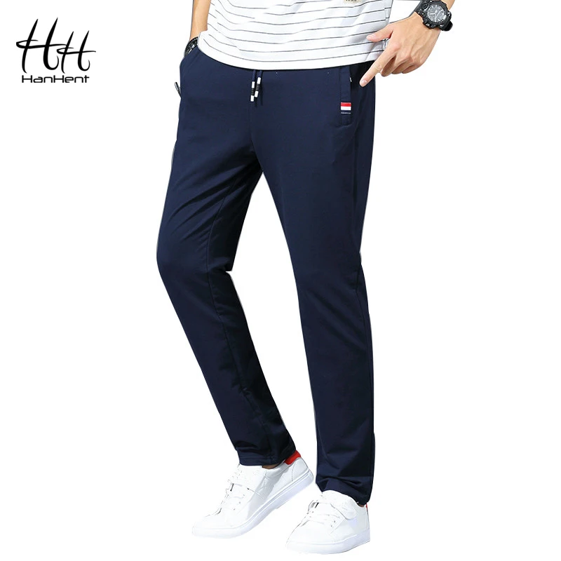 HanHent القطن عارضة رجل السراويل الترنك طويلة بلون Sweatpants الرجال الأزياء رقيقة السراويل اللياقة البدنية المدرسة السراويل العمل خارج