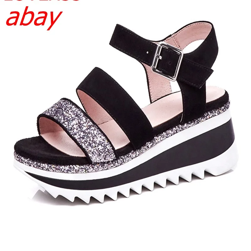 

abay Word buckle with thick platform sandals sandals female summer new sequin high-heeled Rome style comfortable wild shoes