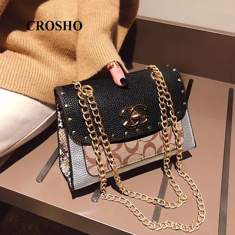 

CROSHO Rivets Spell Color Ladies Small Square Bag Temperament Single shoulder Cross Chain Bag Handbag